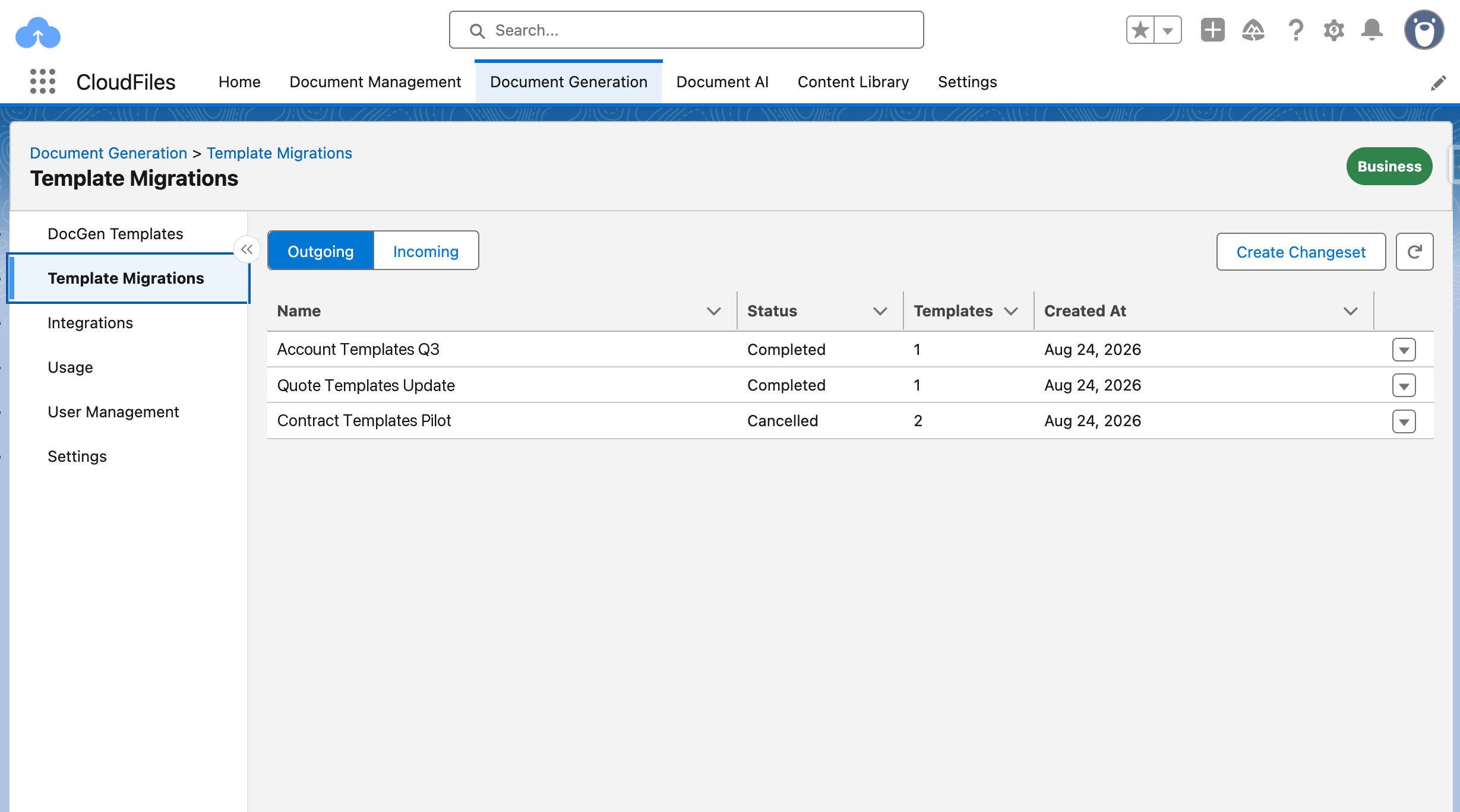 The Template Migrations page on the Outgoing tab, listing three changesets with their status