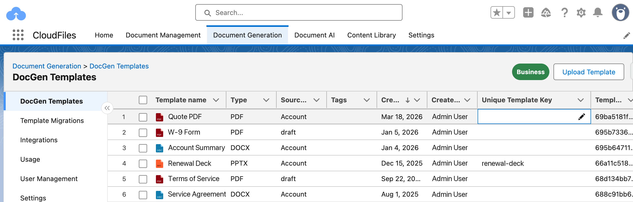 The DocGen Templates page with the Unique Template Key column, one key being edited