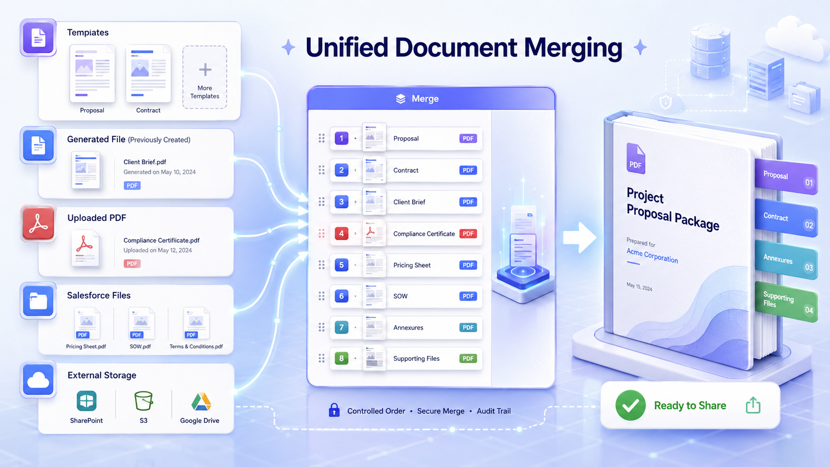 Multiple templates, previously generated files, uploaded PDFs, and files from SharePoint, S3, and Google Drive merging into one consolidated, ready-to-share PDF package
