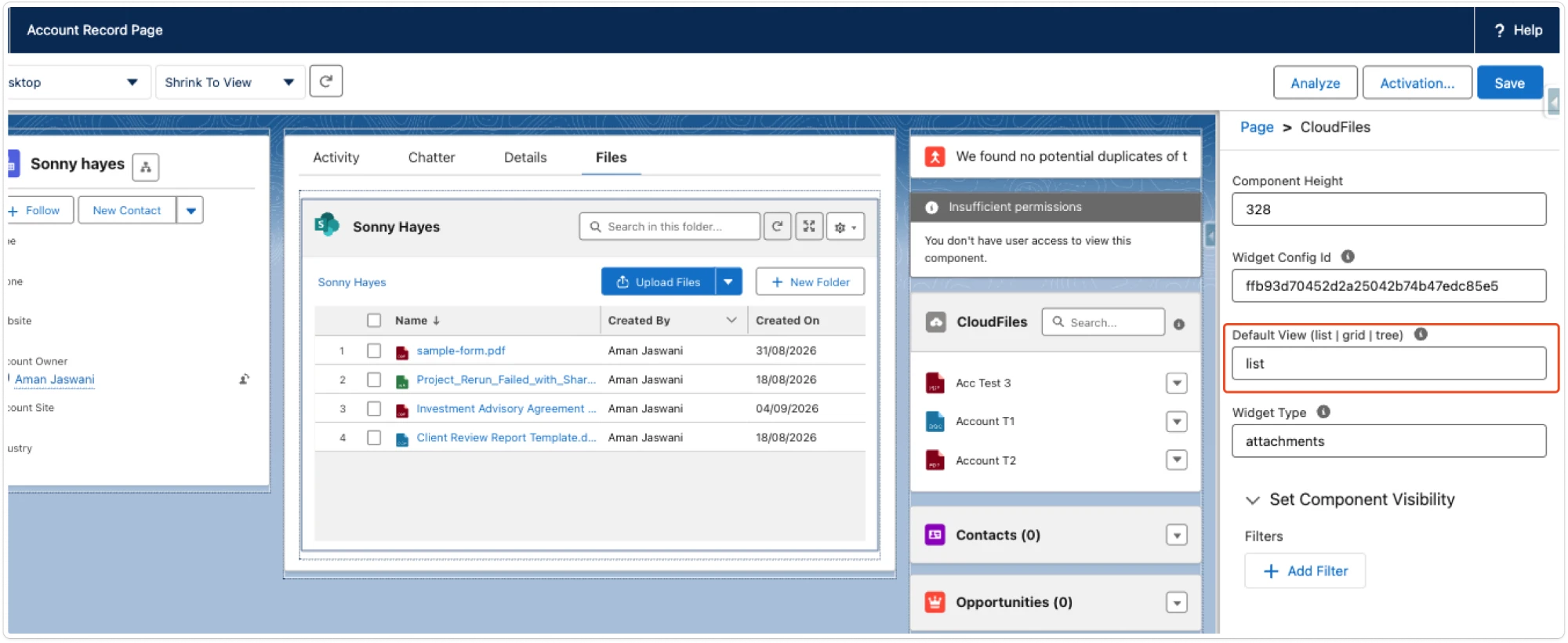 The CloudFiles component's properties in the Lightning App Builder, with the Default View (list | grid | tree) field highlighted