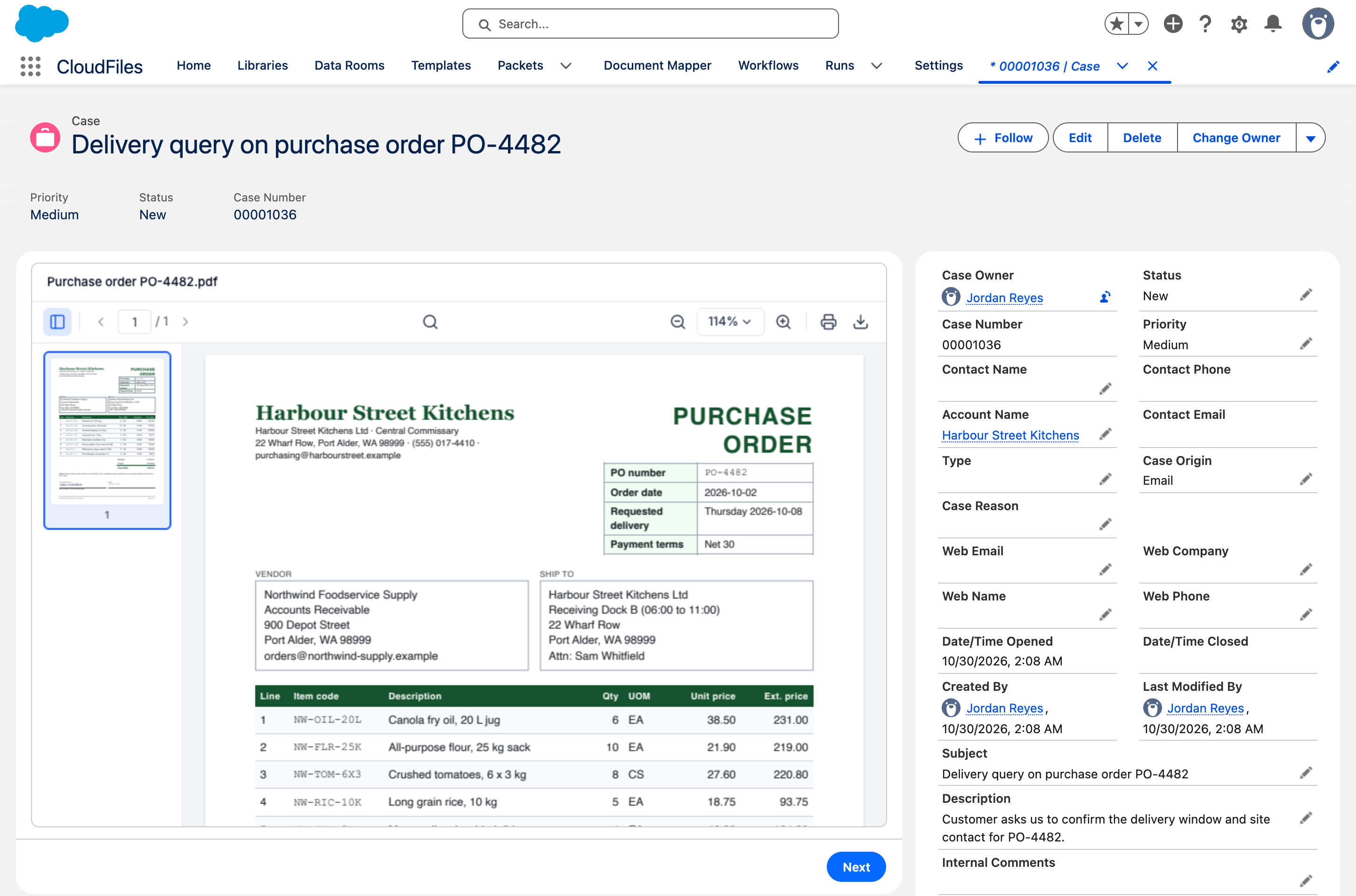 A purchase order PDF previewed in a screen flow on a Case record page