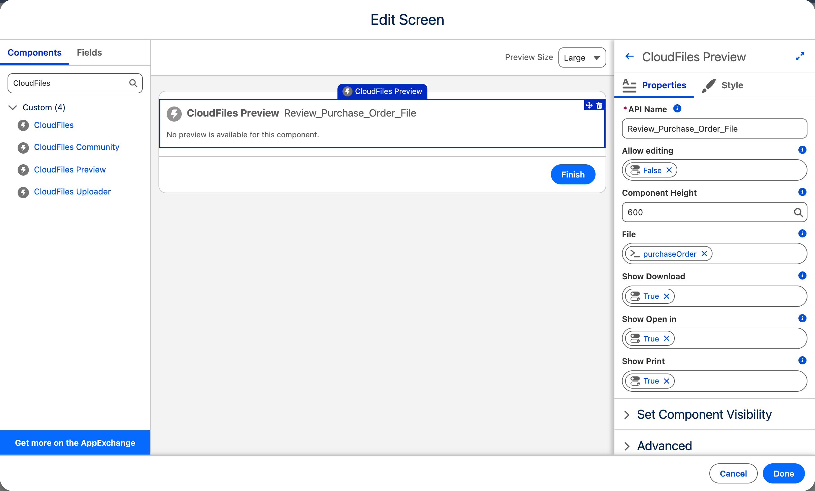 The CloudFiles Preview component selected in the Flow Builder screen editor, with its inputs in the properties panel