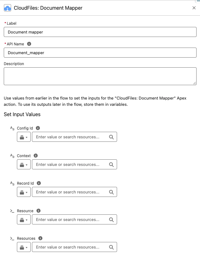 The CloudFiles: Document Mapper action with the Config Id, Context, Record Id, Resource and Resources inputs