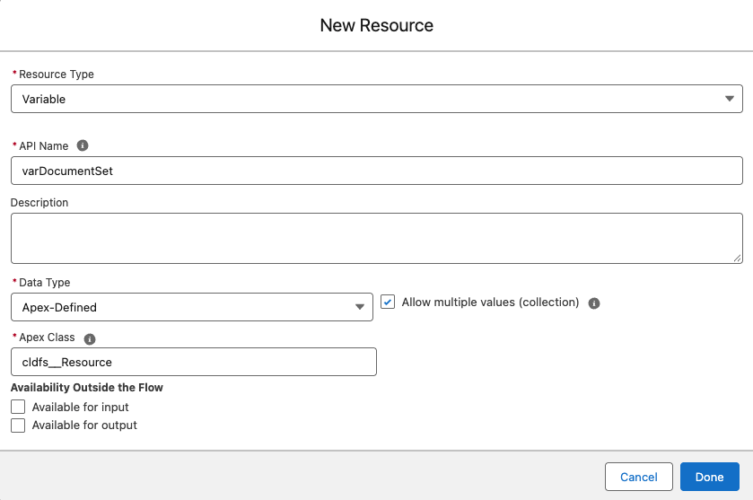 Creating the varDocumentSet collection variable of Apex class cldfs__Resource