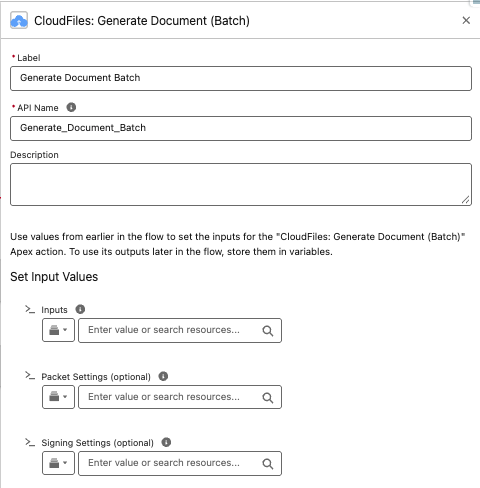 The CloudFiles: Generate Document (Batch) action's inputs in Flow Builder, including Packet Settings (optional)