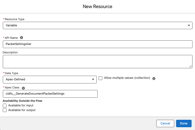 Creating the PacketSettingsVar Apex-Defined variable