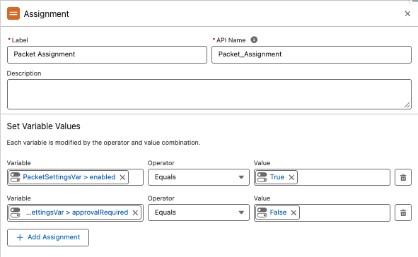 Setting enabled and approvalRequired in an Assignment element
