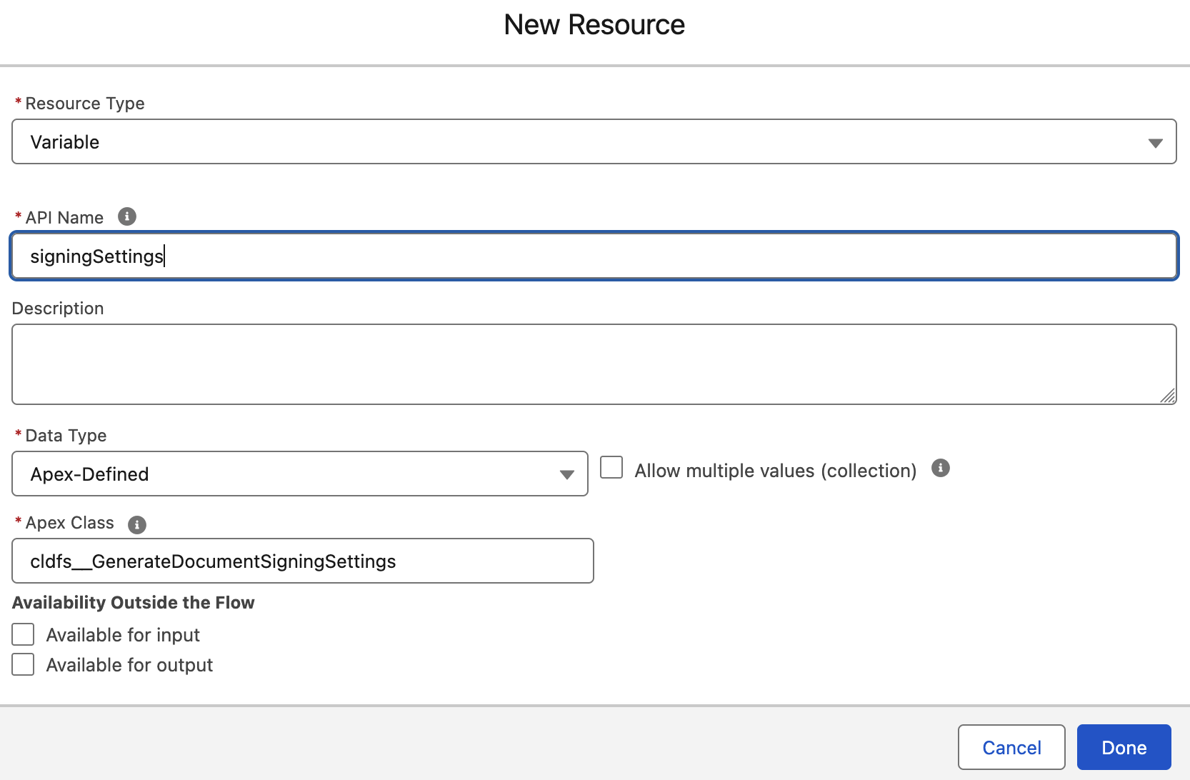 Creating the signingSettings Apex-Defined variable