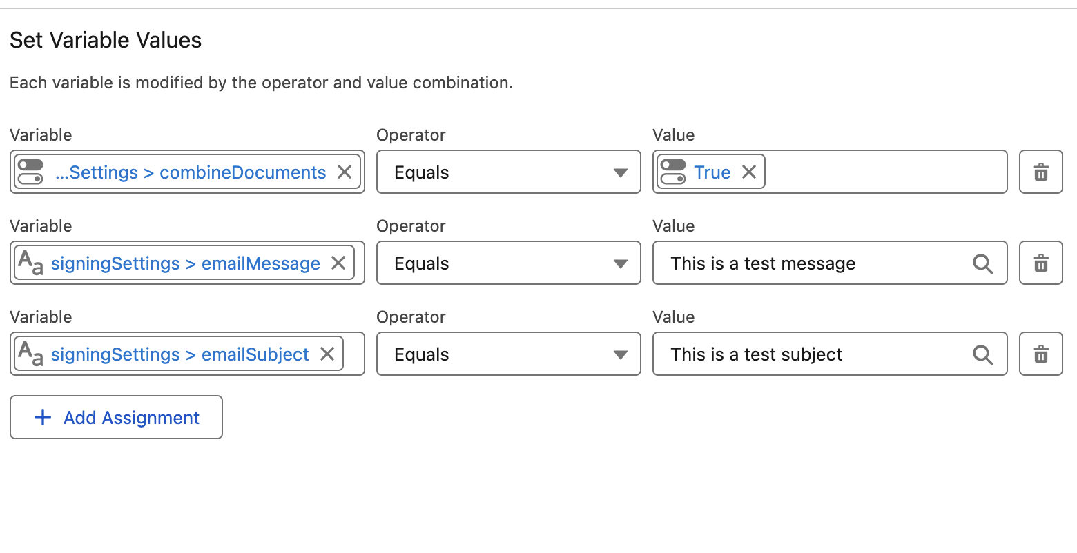 Setting combineDocuments, emailMessage and emailSubject in an Assignment element