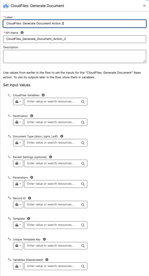 The CloudFiles: Generate Document action's inputs in Flow Builder, including Packet Settings (optional)
