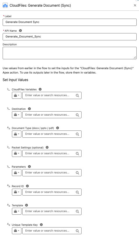 The CloudFiles: Generate Document (Sync) action's inputs in Flow Builder, including Packet Settings (optional)