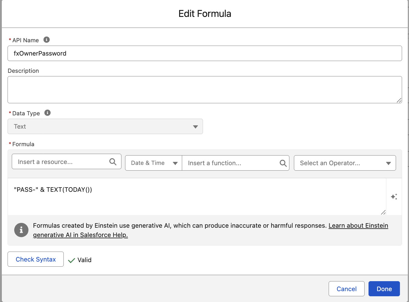 Salesforce Edit Formula dialog for a resource named fxOwnerPassword, with the formula "PASS-" & TEXT(TODAY()) entered and marked Valid