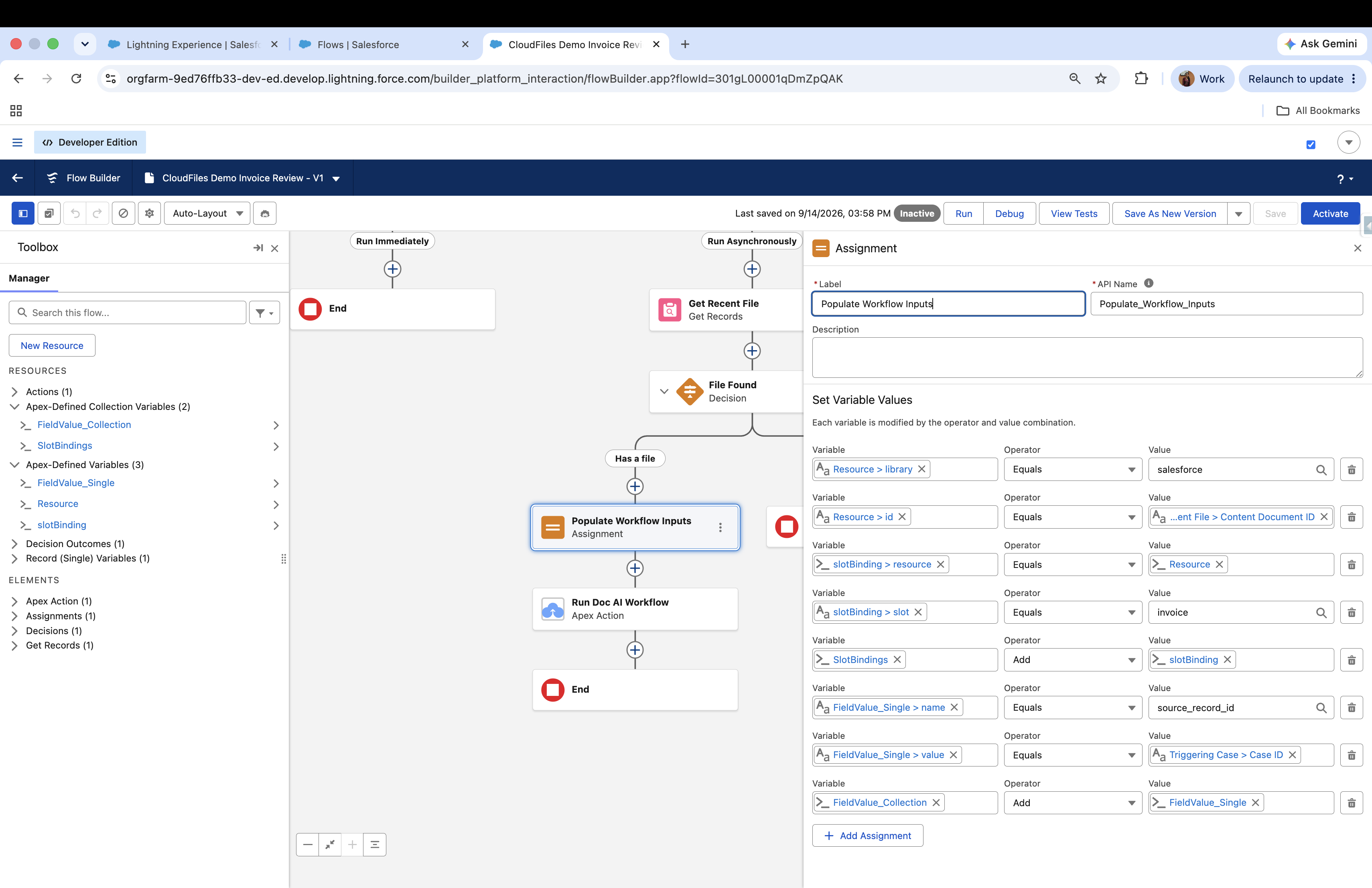 The Assignment element in full. The first five rows build Documents; the last three build Fields.