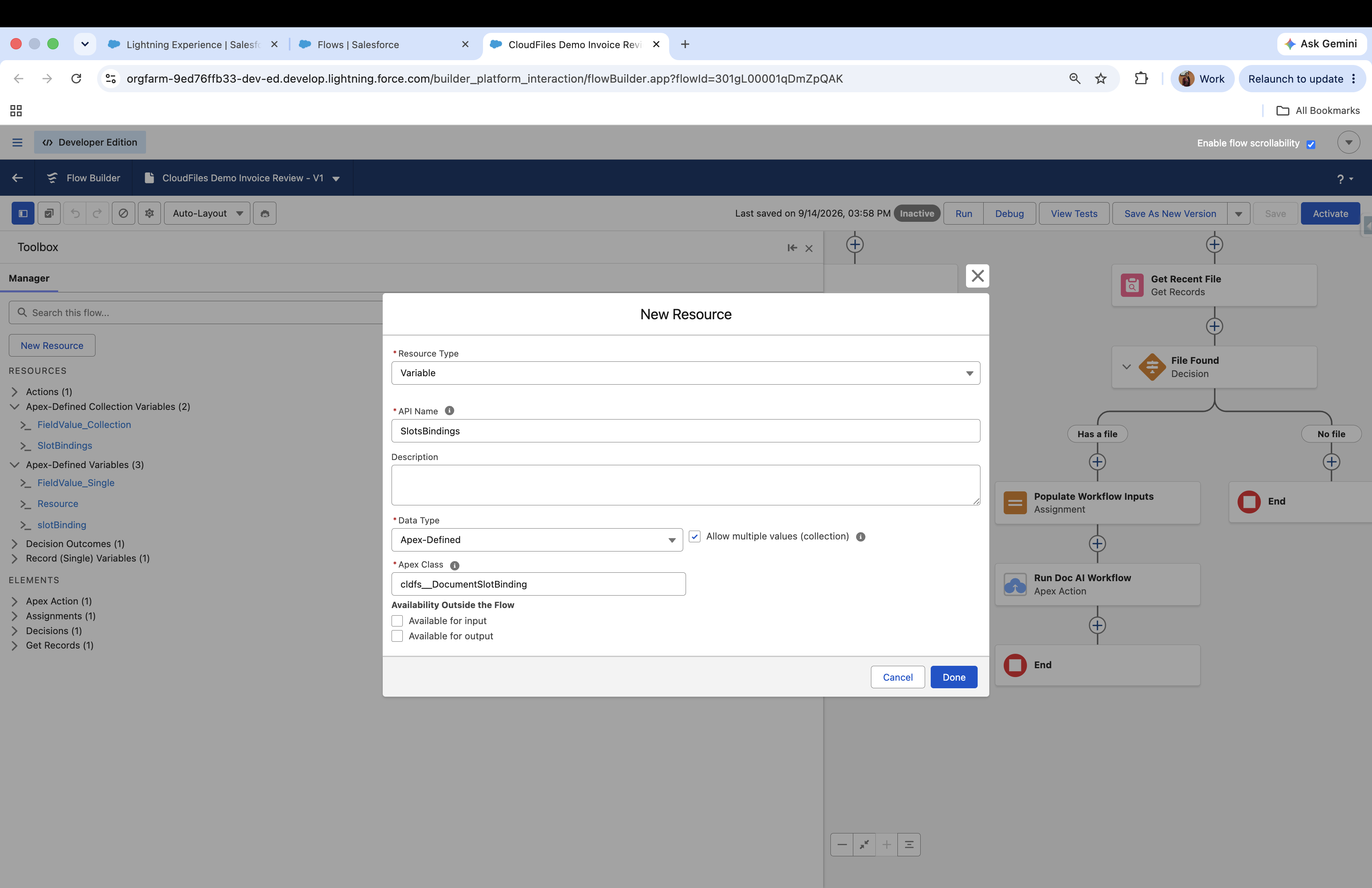 Creating an Apex-defined variable: Data Type set to Apex-Defined, the Apex Class entered, and Allow multiple values ticked for a collection.