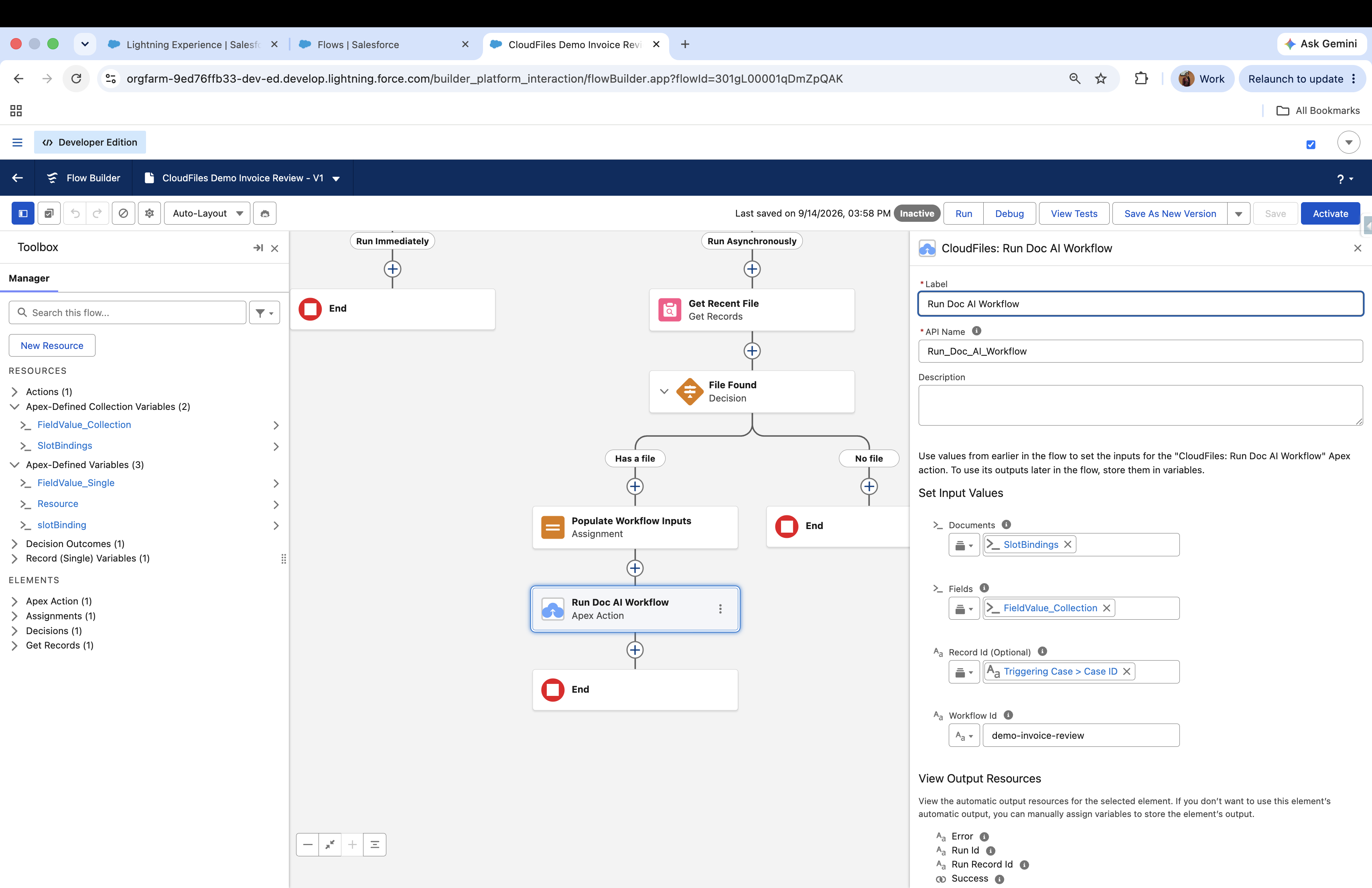 The Run Doc AI Workflow action in Flow Builder, with all four inputs set.