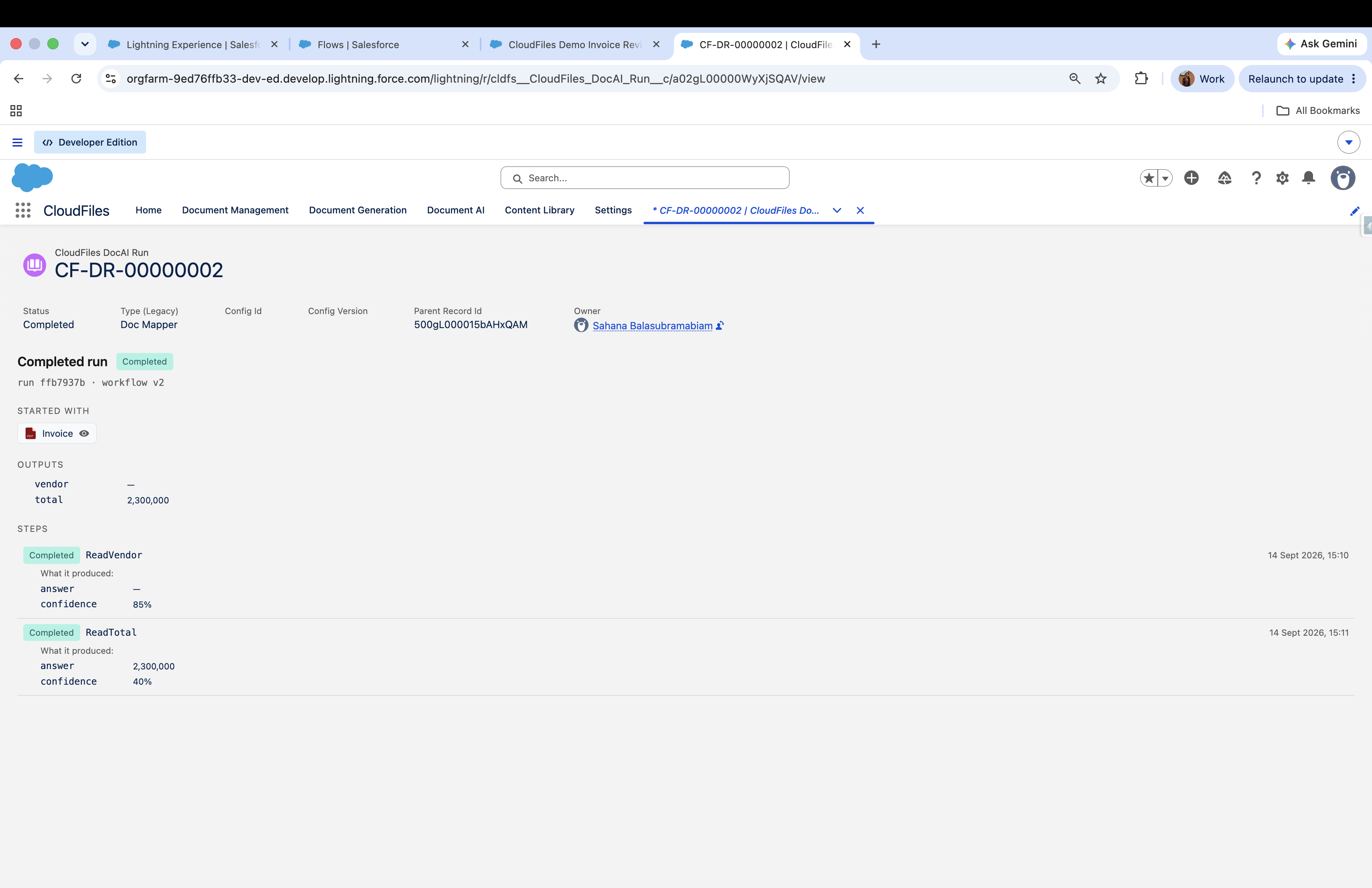 A completed run on the CloudFiles Doc AI Run object, showing Status and Parent Record Id.