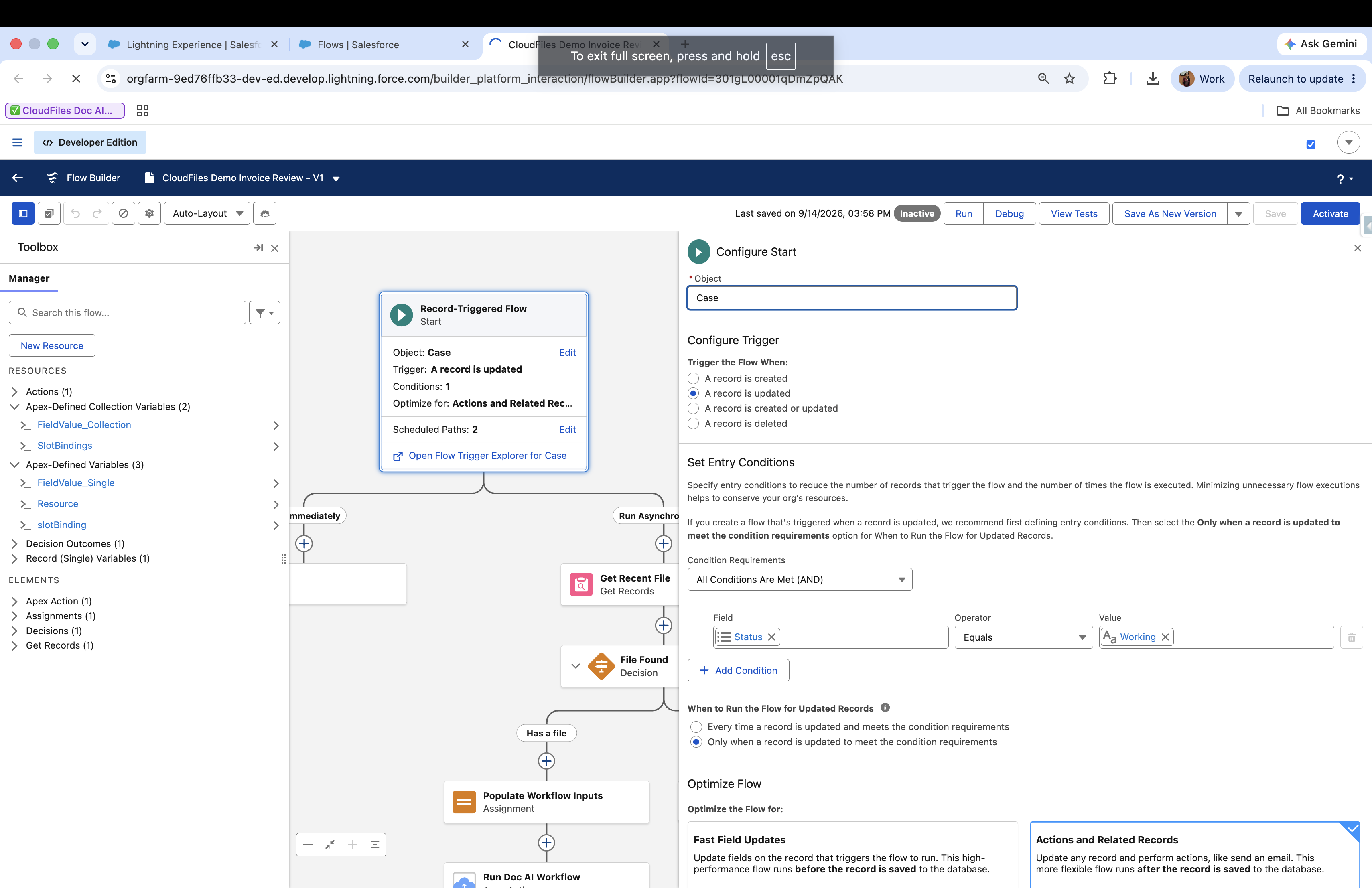 The Start element: entry condition, the update-to-meet-criteria option, and the scheduled path set to Run Asynchronously After Transaction Completes.