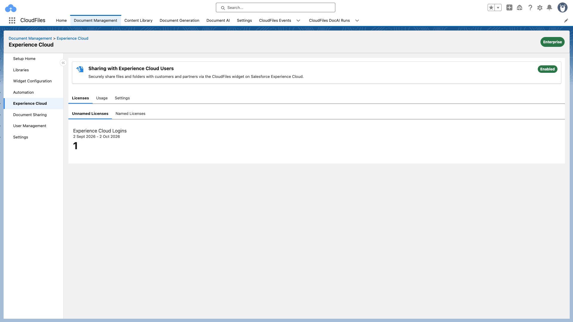 The Experience Cloud page under Document Management in the CloudFiles app, showing the Enabled badge and the Licenses, Usage and Settings tabs