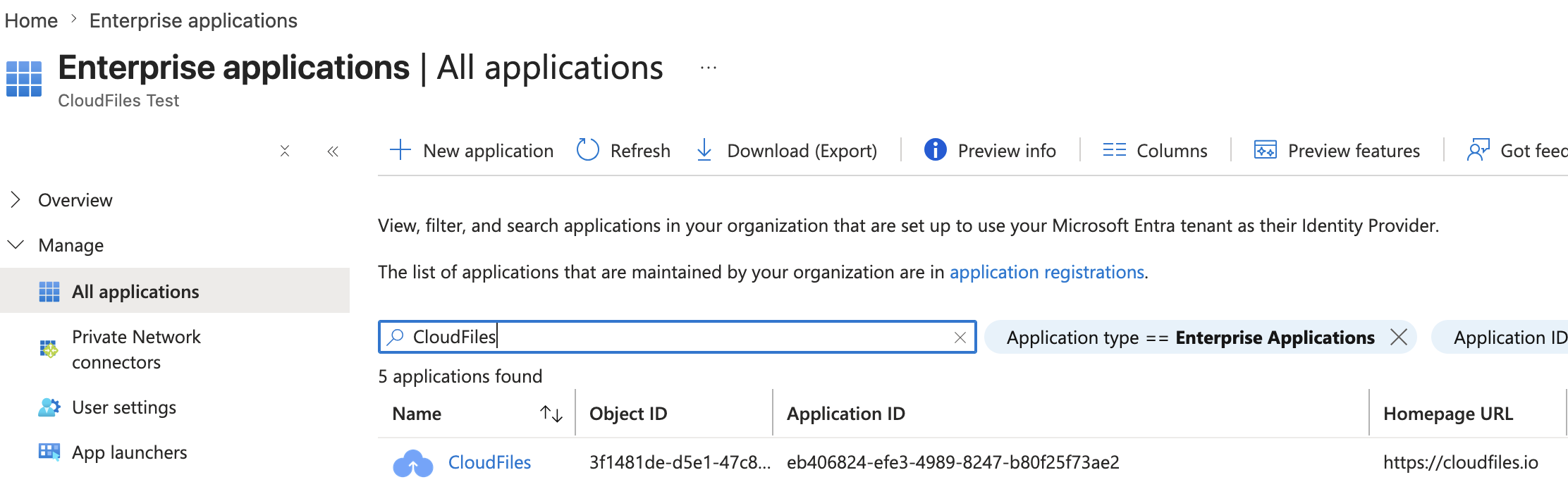 Enterprise applications — All applications, CloudFiles