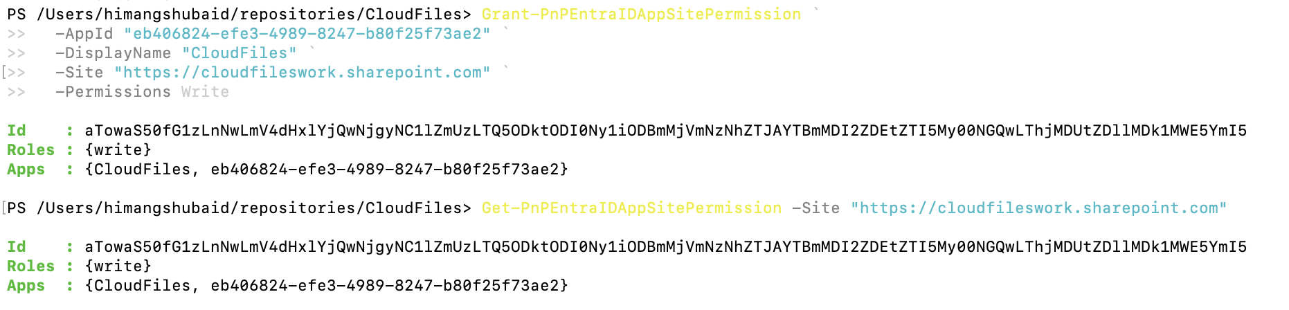 Get-PnPEntraIDAppSitePermission output after a successful grant