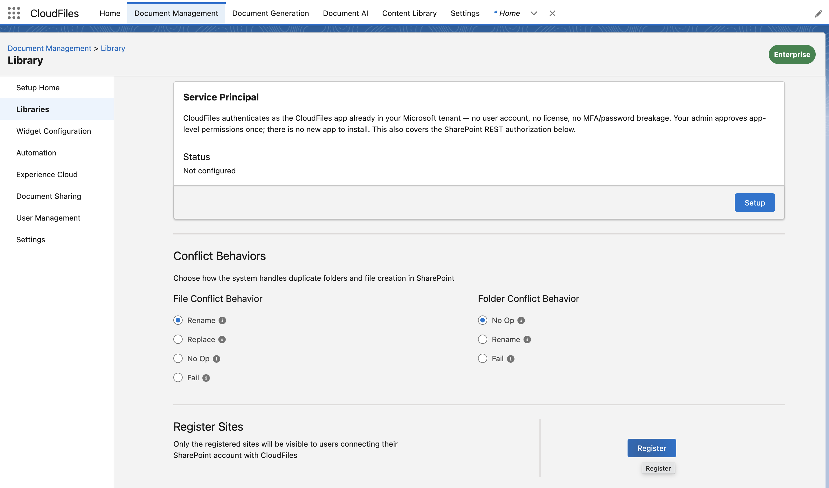 CloudFiles Salesforce app — Register Sites