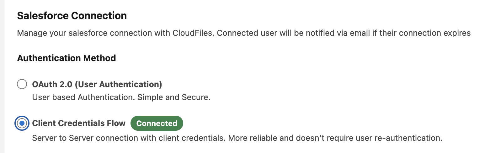 Salesforce Connection settings showing Client Credentials Flow selected with a Connected badge
