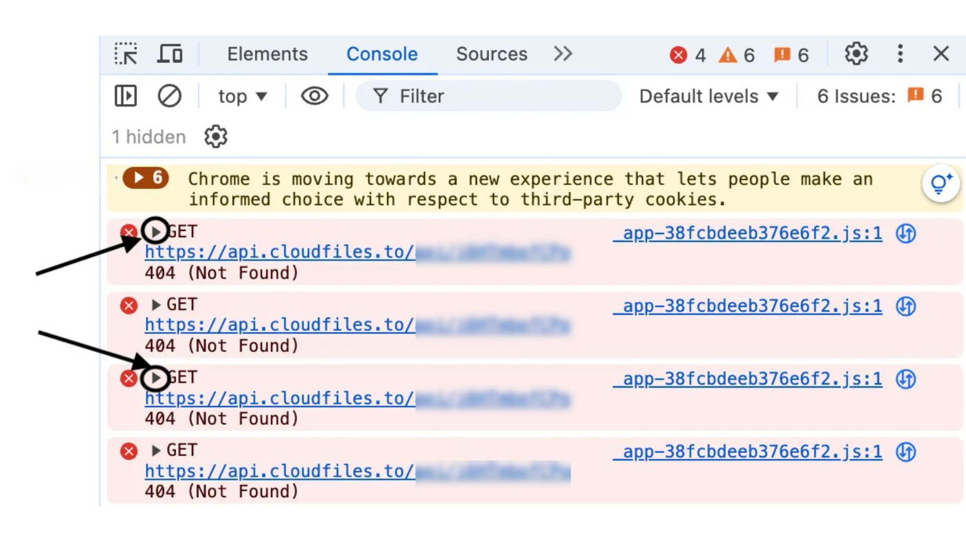 Console showing several red 404 errors, with arrows pointing at the collapsed right-pointing expand triangles beside two of them.