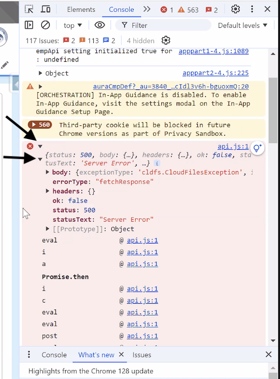 Expanded red console error showing the response object with status 500 and a Server Error status text, with both expand arrows marked.